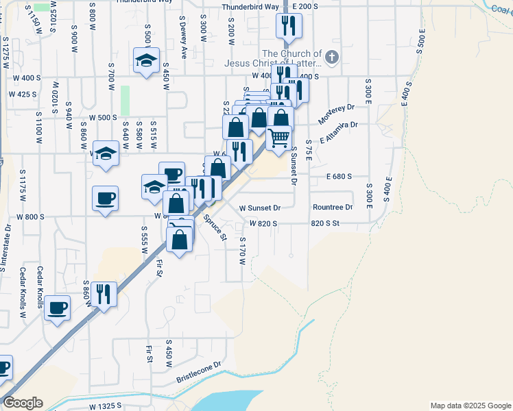 map of restaurants, bars, coffee shops, grocery stores, and more near 130 West Sunset Drive in Cedar City