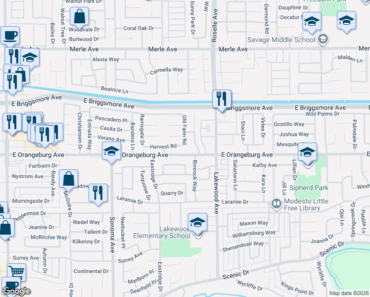 map of restaurants, bars, coffee shops, grocery stores, and more near 2832 East Orangeburg Avenue in Modesto
