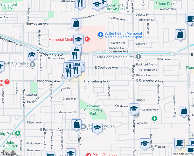 map of restaurants, bars, coffee shops, grocery stores, and more near 1432 East Orangeburg Avenue in Modesto