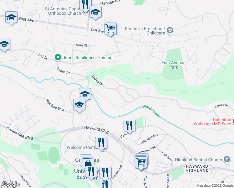 map of restaurants, bars, coffee shops, grocery stores, and more near 2527 Oakes Drive in Hayward