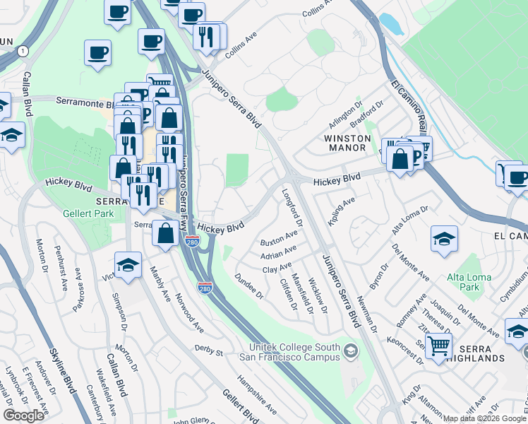 map of restaurants, bars, coffee shops, grocery stores, and more near 128 Dundee Drive in South San Francisco