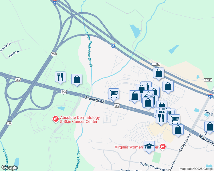 map of restaurants, bars, coffee shops, grocery stores, and more near 12410 West Broad Street in Henrico