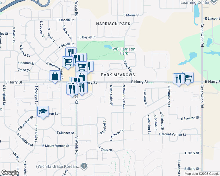 map of restaurants, bars, coffee shops, grocery stores, and more near 1638 South Red Oaks Street in Wichita