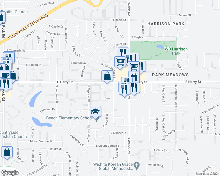 map of restaurants, bars, coffee shops, grocery stores, and more near 1652 South Beech in Wichita