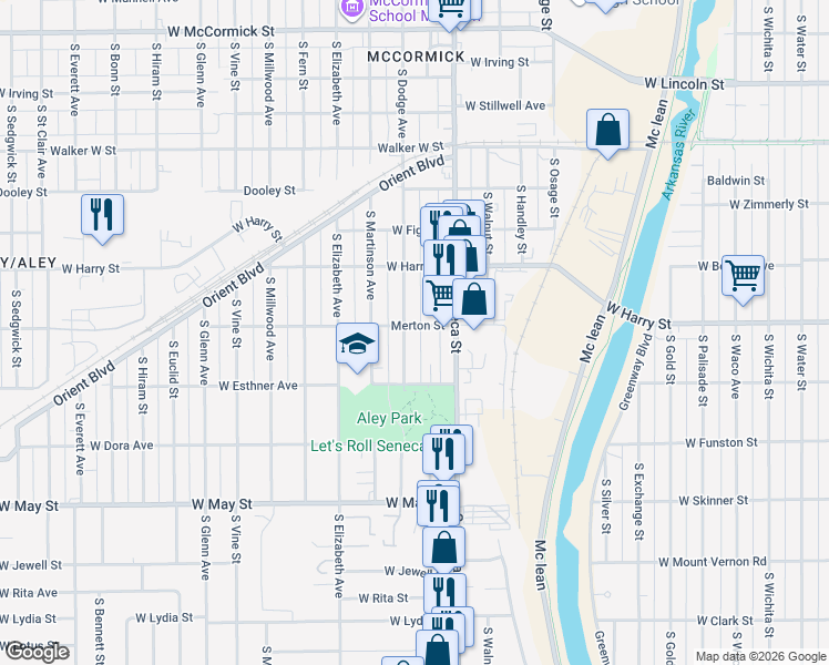 map of restaurants, bars, coffee shops, grocery stores, and more near 1720 South Dodge Avenue in Wichita