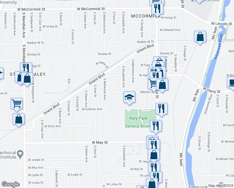 map of restaurants, bars, coffee shops, grocery stores, and more near 1721 South Fern Street in Wichita