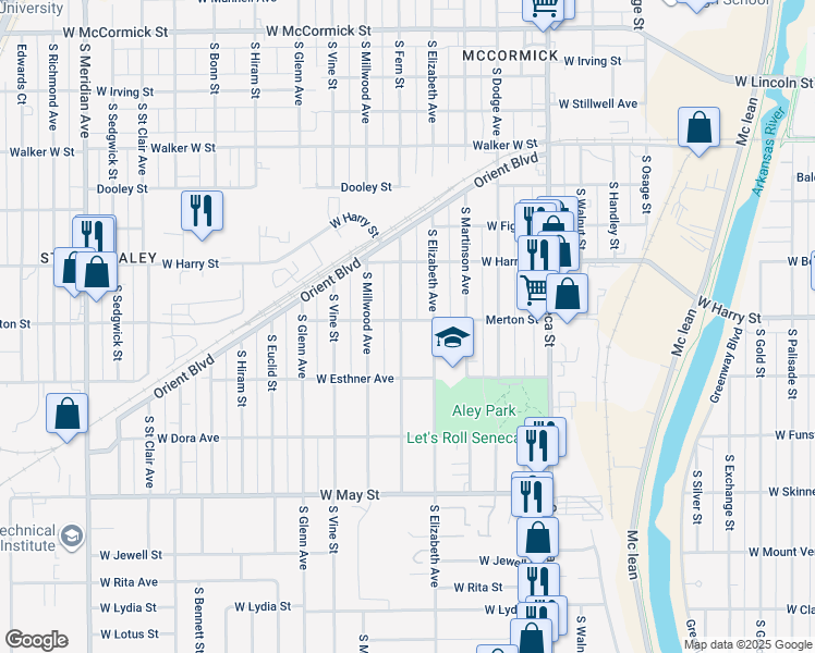 map of restaurants, bars, coffee shops, grocery stores, and more near 1721 South Fern Street in Wichita
