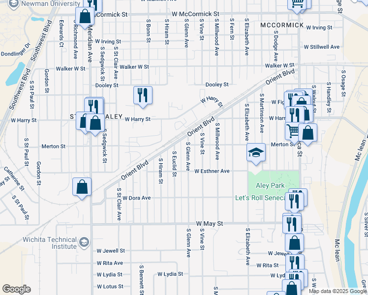 map of restaurants, bars, coffee shops, grocery stores, and more near 1720 South Euclid Street in Wichita