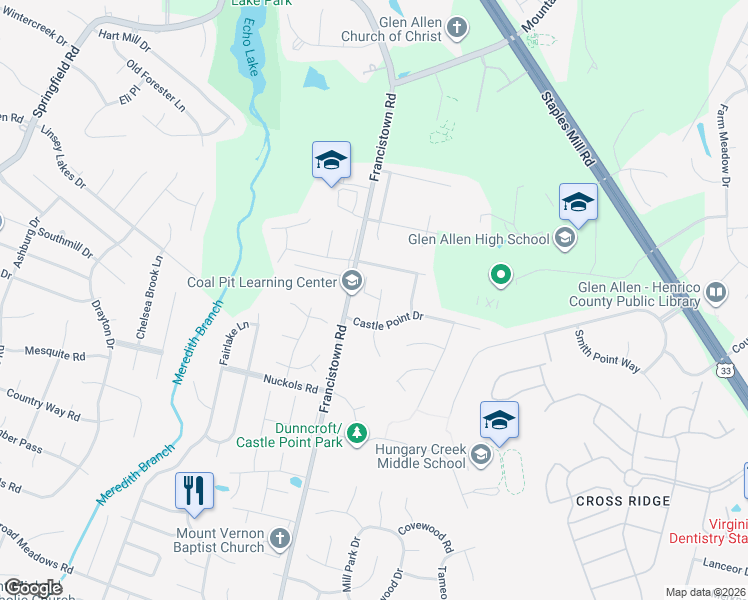 map of restaurants, bars, coffee shops, grocery stores, and more near 5010 Castle Point Court in Glen Allen