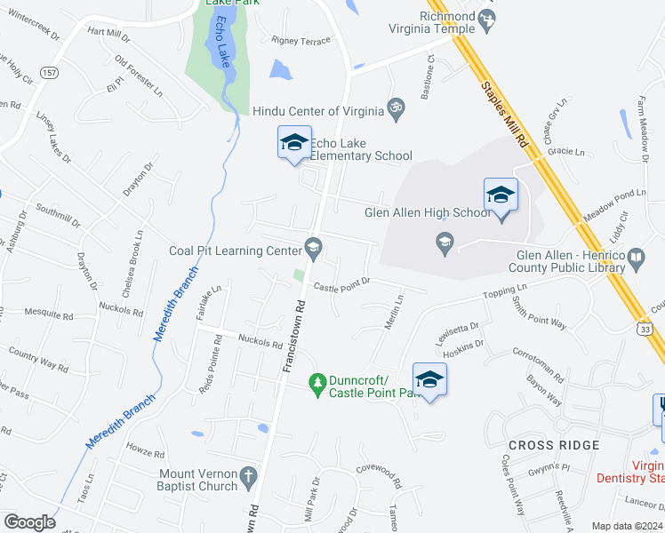 map of restaurants, bars, coffee shops, grocery stores, and more near 5010 Castle Point Court in Glen Allen