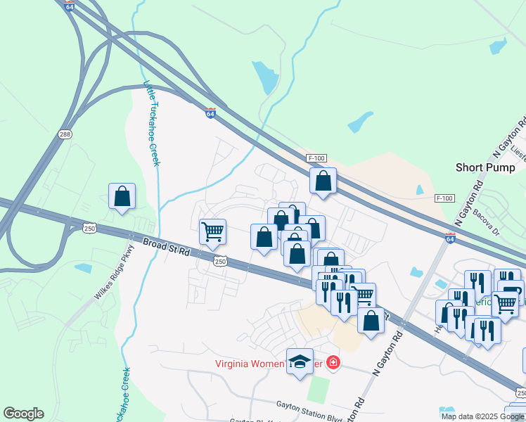 map of restaurants, bars, coffee shops, grocery stores, and more near Avia Way in Short Pump
