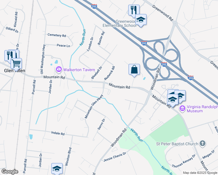 map of restaurants, bars, coffee shops, grocery stores, and more near 2624 Pinkerton Place in Glen Allen