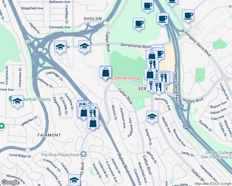 map of restaurants, bars, coffee shops, grocery stores, and more near 5 Bacon Court in Daly City