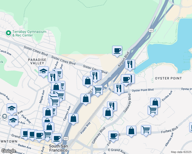 map of restaurants, bars, coffee shops, grocery stores, and more near Gardiner Avenue in South San Francisco