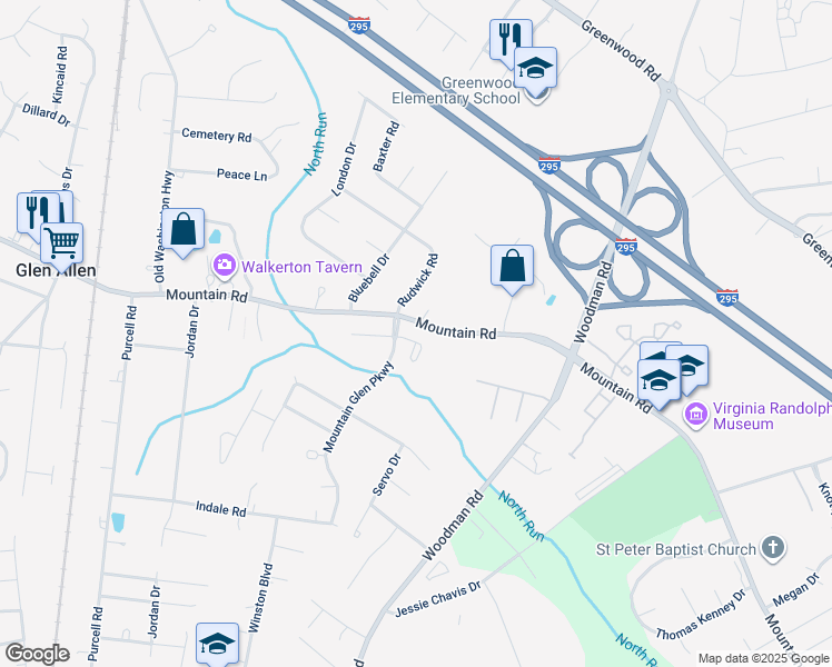 map of restaurants, bars, coffee shops, grocery stores, and more near 2624 Pinkerton Place in Glen Allen