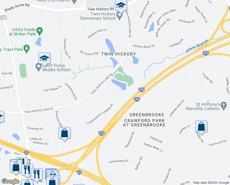 map of restaurants, bars, coffee shops, grocery stores, and more near 4541 Hickory Lake Court in Glen Allen