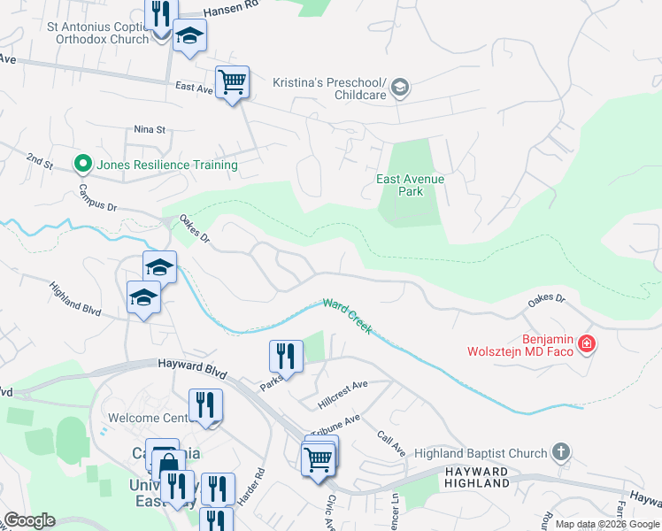 map of restaurants, bars, coffee shops, grocery stores, and more near 2909 Oakes Drive in Hayward