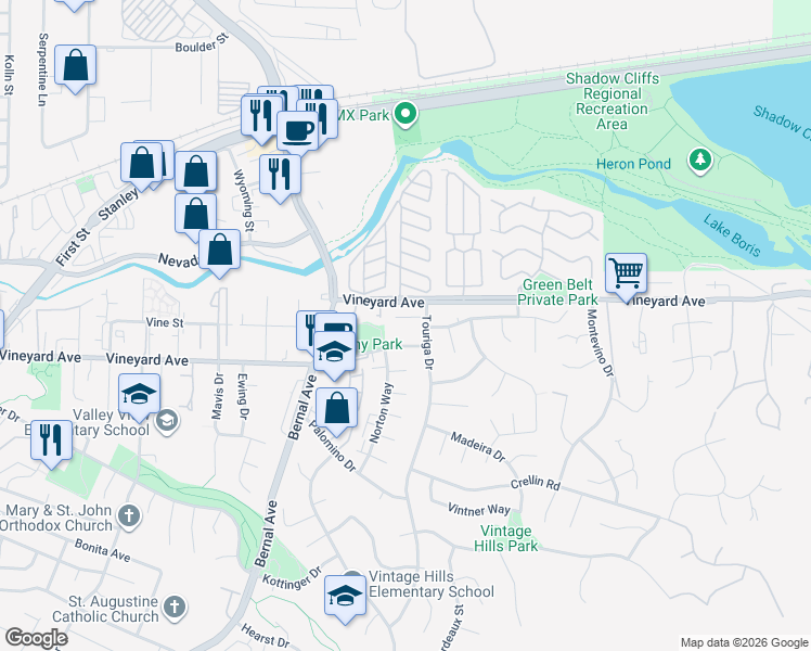 map of restaurants, bars, coffee shops, grocery stores, and more near 581 Touriga Court in Pleasanton