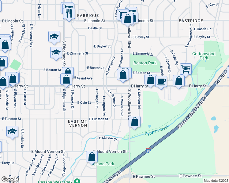 map of restaurants, bars, coffee shops, grocery stores, and more near 1634 Fabrique Street in Wichita