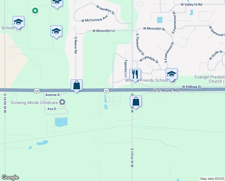map of restaurants, bars, coffee shops, grocery stores, and more near 15425 West Kellogg Avenue in Goddard