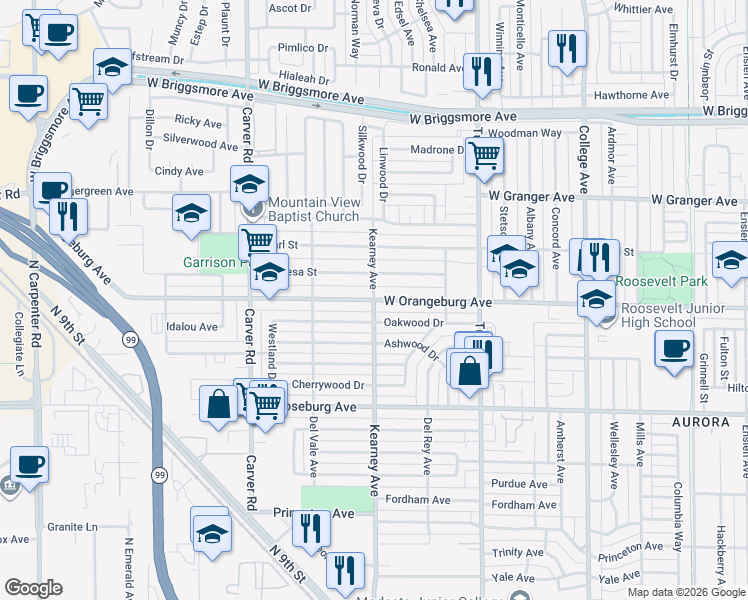 map of restaurants, bars, coffee shops, grocery stores, and more near W Orangeburg Ave & Kearney Ave in Modesto