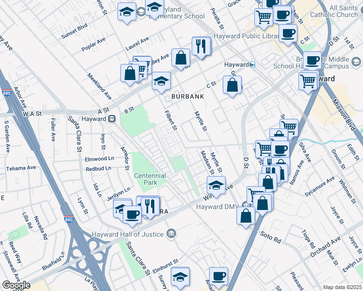 map of restaurants, bars, coffee shops, grocery stores, and more near 570 Palmer Avenue in Hayward