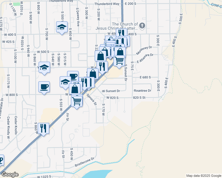 map of restaurants, bars, coffee shops, grocery stores, and more near 130 West Sunset Drive in Cedar City