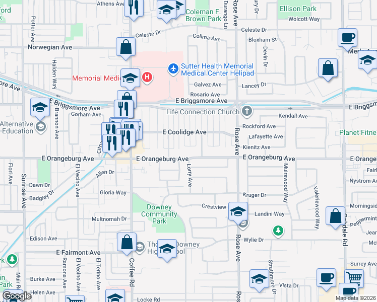 map of restaurants, bars, coffee shops, grocery stores, and more near 1340 Lorry Avenue in Modesto