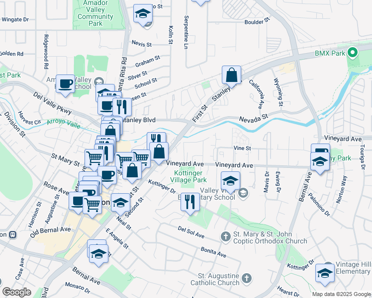map of restaurants, bars, coffee shops, grocery stores, and more near 4059 Vineyard Avenue in Pleasanton