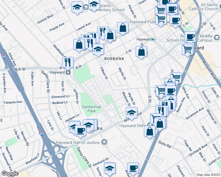 map of restaurants, bars, coffee shops, grocery stores, and more near 570 Palmer Avenue in Hayward