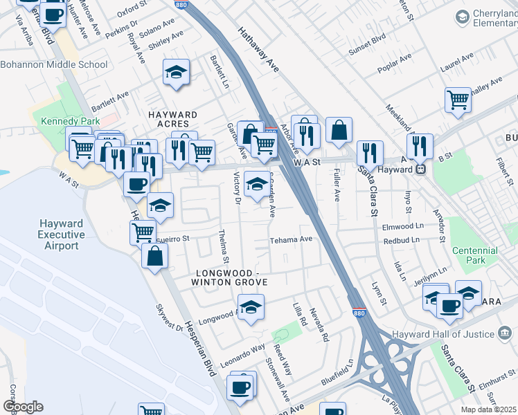 map of restaurants, bars, coffee shops, grocery stores, and more near 22339 South Garden Avenue in Hayward