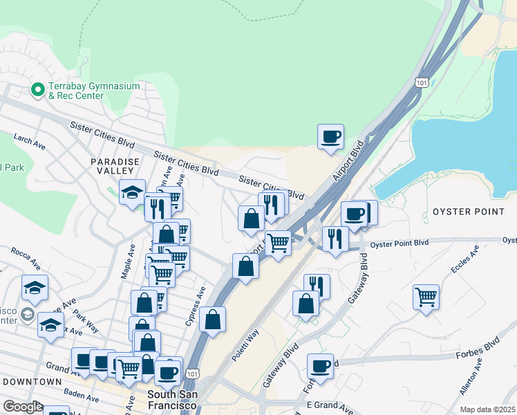 map of restaurants, bars, coffee shops, grocery stores, and more near 114 Chapman Avenue in South San Francisco