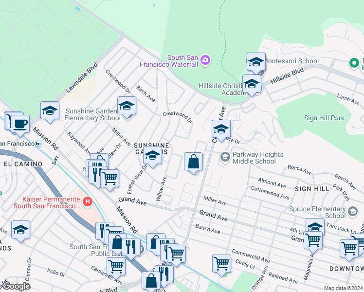 map of restaurants, bars, coffee shops, grocery stores, and more near 978 Brusco Way in South San Francisco