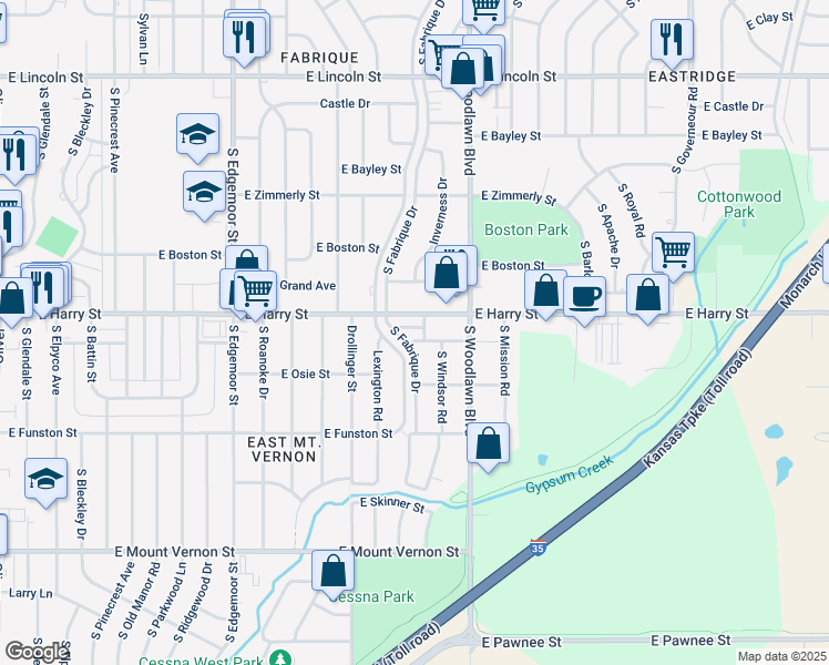 map of restaurants, bars, coffee shops, grocery stores, and more near 1634 Fabrique Street in Wichita