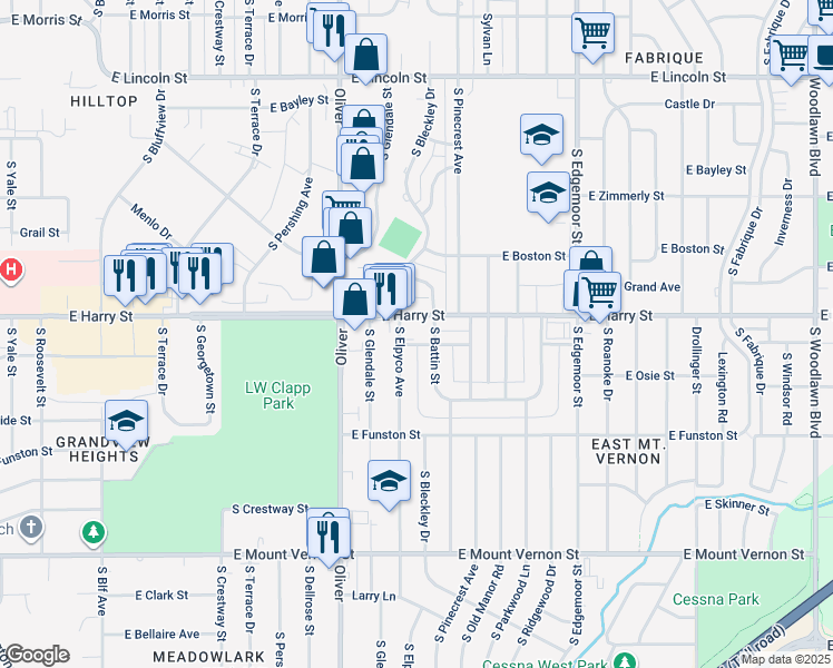 map of restaurants, bars, coffee shops, grocery stores, and more near 1629 Elpyco Street in Wichita