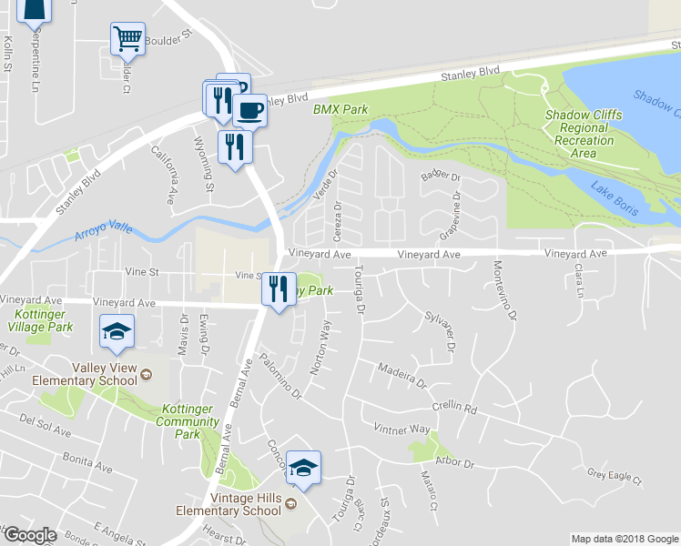 map of restaurants, bars, coffee shops, grocery stores, and more near 581 Touriga Court in Pleasanton