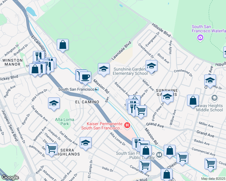 map of restaurants, bars, coffee shops, grocery stores, and more near 1270 Mission Road in South San Francisco