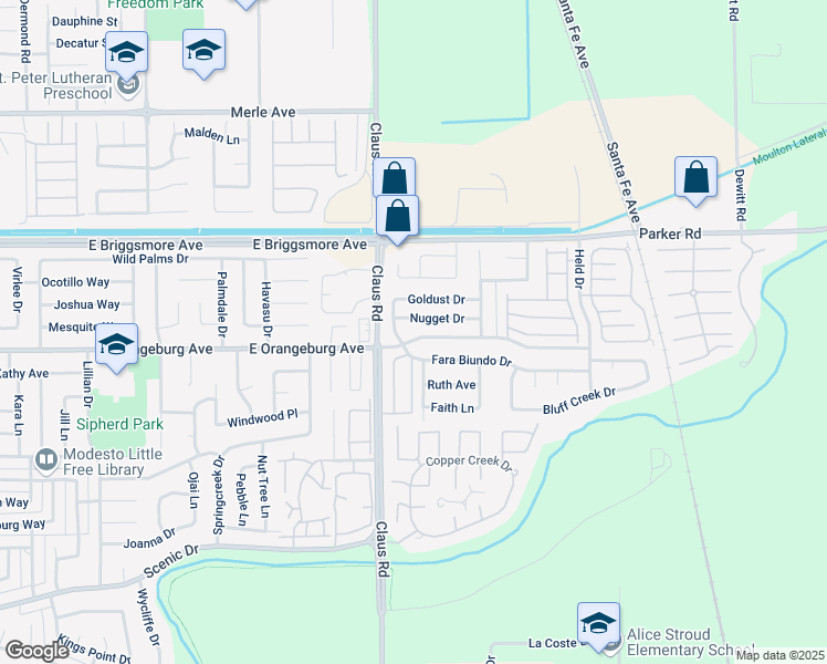 map of restaurants, bars, coffee shops, grocery stores, and more near 4029 Fara Biundo Drive in Modesto