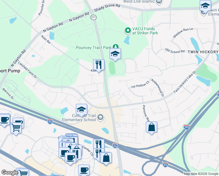 map of restaurants, bars, coffee shops, grocery stores, and more near 4647 Pouncey Tract Road in Glen Allen