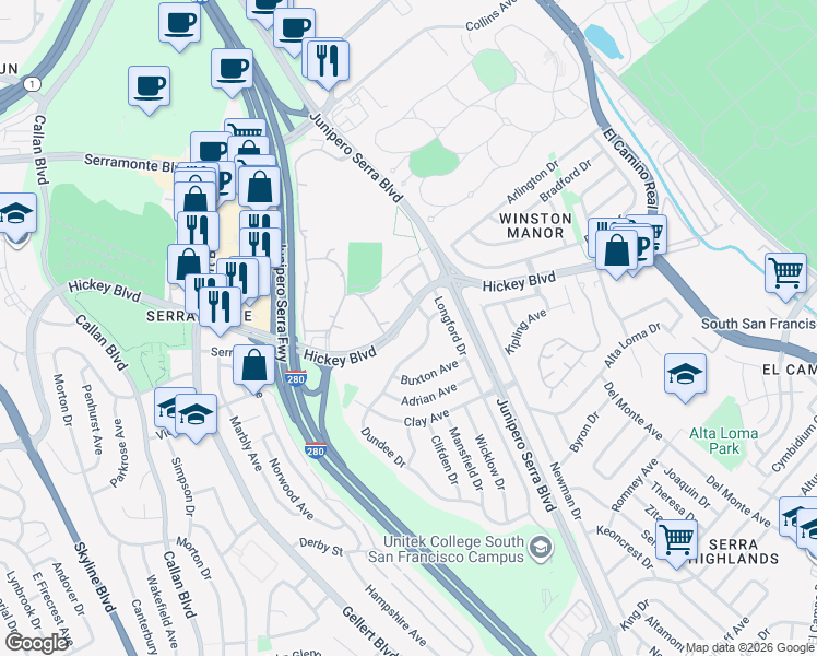 map of restaurants, bars, coffee shops, grocery stores, and more near 333 Hickey Boulevard in Daly City