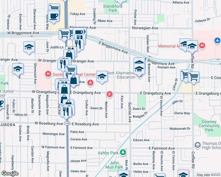 map of restaurants, bars, coffee shops, grocery stores, and more near 1346 Melrose Avenue in Modesto