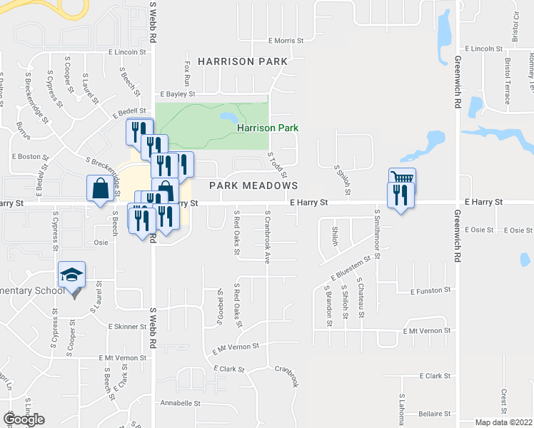 map of restaurants, bars, coffee shops, grocery stores, and more near 12218 Lockmoor in Wichita