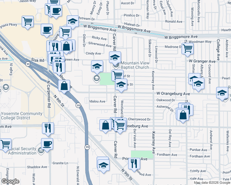 map of restaurants, bars, coffee shops, grocery stores, and more near Carver Rd & W Orangeburg Ave in Modesto