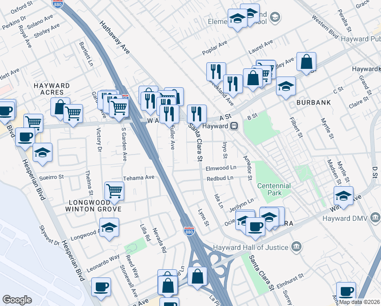 map of restaurants, bars, coffee shops, grocery stores, and more near 22592 Sonoma Street in Hayward