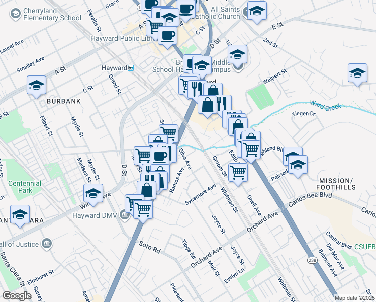 map of restaurants, bars, coffee shops, grocery stores, and more near 24050 Silva Avenue in Hayward