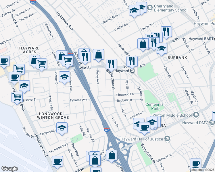 map of restaurants, bars, coffee shops, grocery stores, and more near 22592 Sonoma Street in Hayward