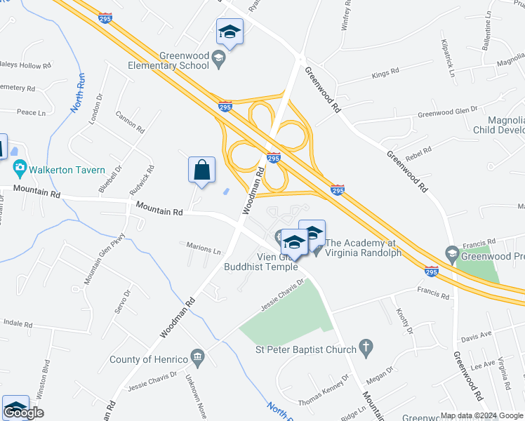 map of restaurants, bars, coffee shops, grocery stores, and more near 2517 Mountain Ash Circle in Glen Allen
