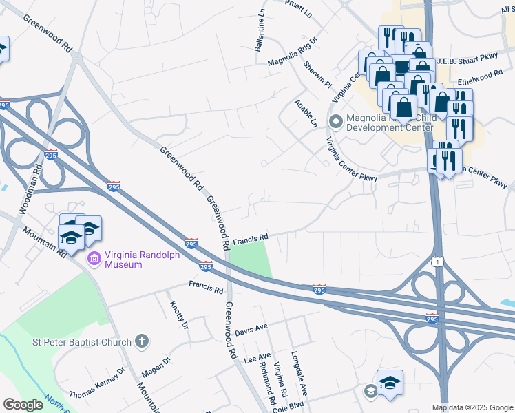 map of restaurants, bars, coffee shops, grocery stores, and more near 10135 Highview Avenue in Glen Allen