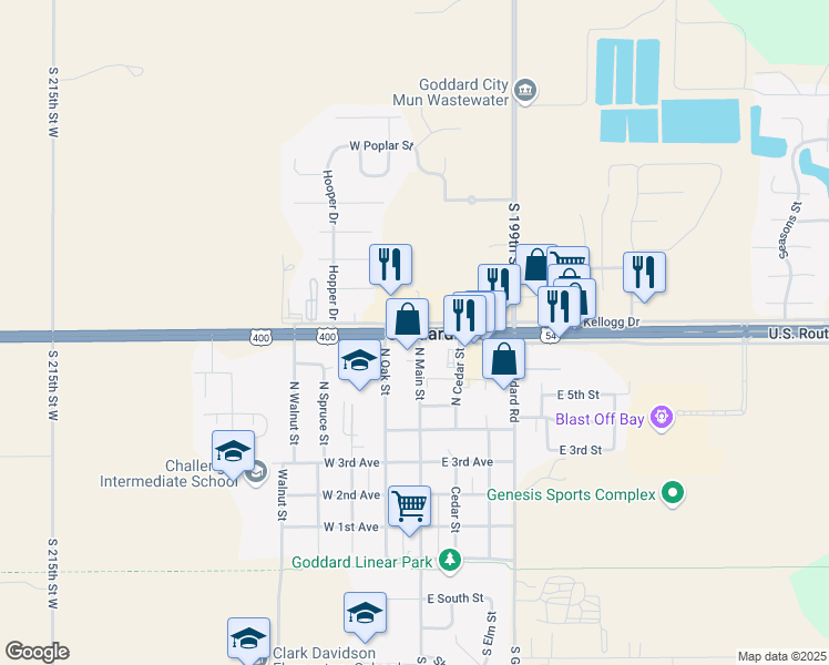 map of restaurants, bars, coffee shops, grocery stores, and more near U.S. 54 in Goddard