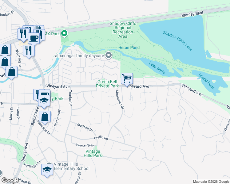 map of restaurants, bars, coffee shops, grocery stores, and more near 729 Montevino Drive in Pleasanton
